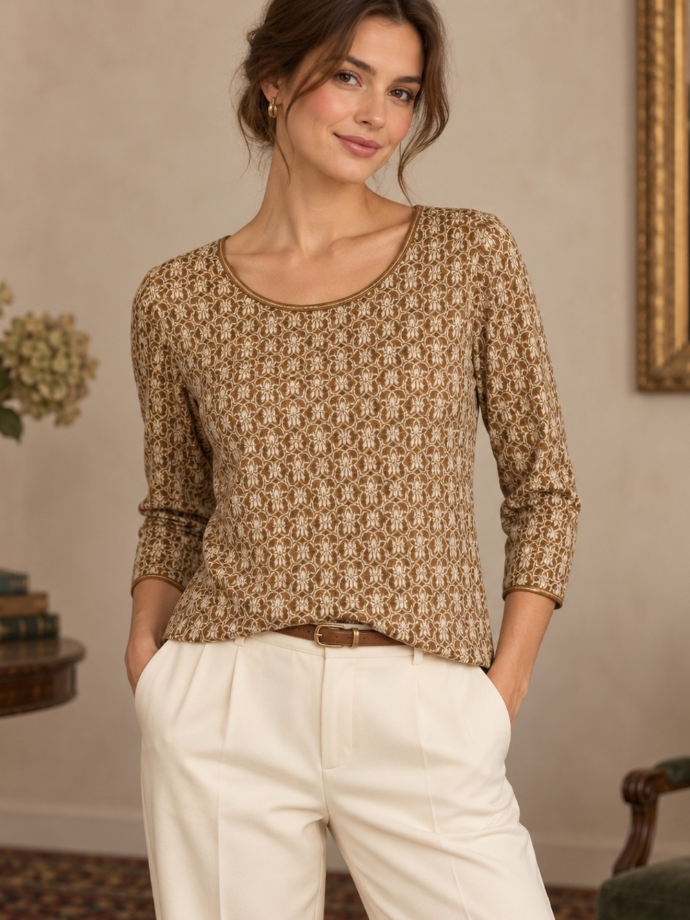 Retro Brown/Mustard Yellow & Cream Jacquard Knit Top Gold Trim Size M